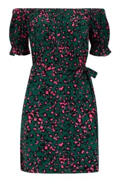 Pour Moi Woven Puff Sleeve Removable Belted Bardot Dress - Forest/Pink Leopard -PMoi Clothing Shop 290988 20221206123600