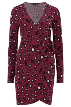 Pour Moi Bryony Slinky Stretch Jersey Wrap Mini Dress - Berry Leopard -PMoi Clothing Shop 291382 20230124125600