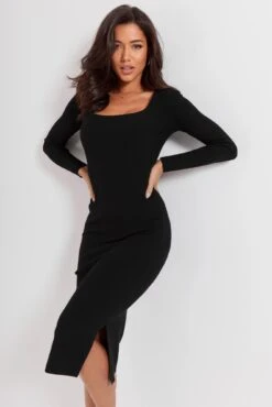 Pour Moi Sasha Rib Knit Square Neck Midi Dress With LENZING™ ECOVERO™ Viscose - Black -PMoi Clothing Shop 291537 20221007174900