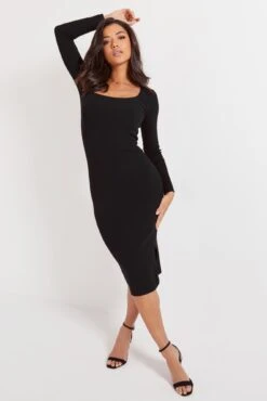 Pour Moi Sasha Rib Knit Square Neck Midi Dress With LENZING™ ECOVERO™ Viscose - Black -PMoi Clothing Shop 291540 20221007174900