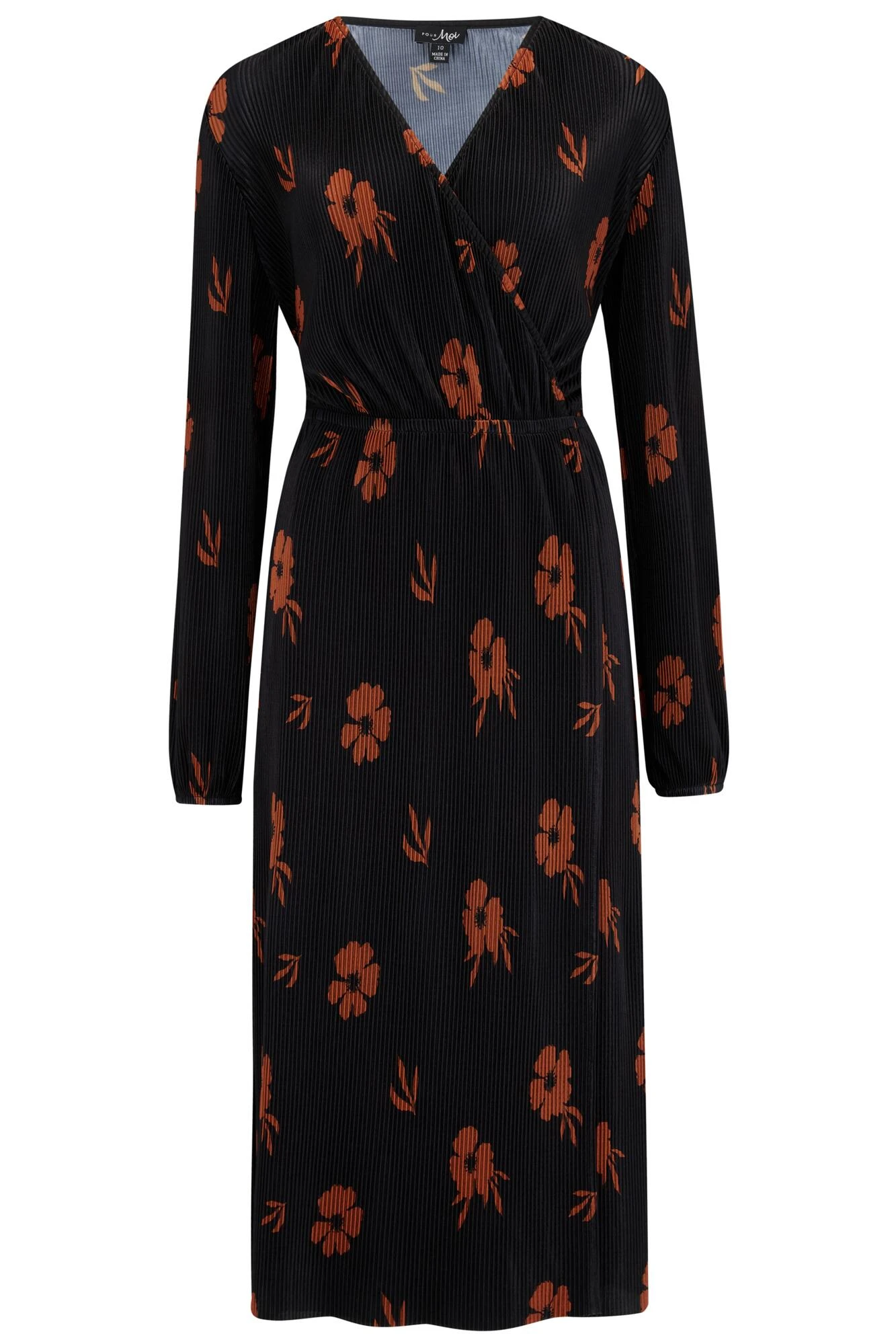 Pour Moi Jada Plisse Long Sleeve Wrap Midi Dress - Black/Chocolate 7 Pour Moi Jada Plisse Long Sleeve Wrap Midi Dress - Black/Chocolate - Image 5