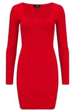 Pour Moi Sasha Rib Knit Square Neck Mini Dress With LENZING™ ECOVERO™ Viscose - Red -PMoi Clothing Shop 297180 20230223133400