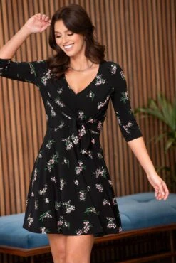 Pour Moi Blair Slinky Jersey Tie Waist Dress - Black Floral -PMoi Clothing Shop 297858 20221004162900