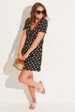 Pour Moi Shirred Back Puff Sleeve Mini Beach Dress - Mono Spot -PMoi Clothing Shop 301613 20230616144200