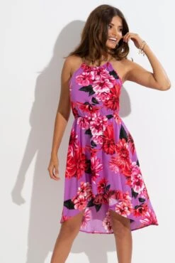 Pour Moi Gold Chain High Neck Beach Dress - Ultraviolet Floral -PMoi Clothing Shop 301628 20230210152000