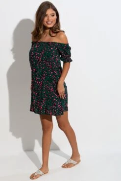 Pour Moi Woven Puff Sleeve Removable Belted Bardot Dress - Forest/Pink Leopard -PMoi Clothing Shop 301970 20221206123600