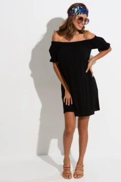 Pour Moi Woven Puff Sleeve Removable Belted Bardot Dress - Black