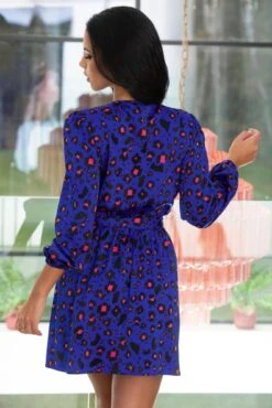 Pour Moi Millie Faux Wrap Woven Satin Dress - Cobalt Leopard -PMoi Clothing Shop 302116 20221208094000