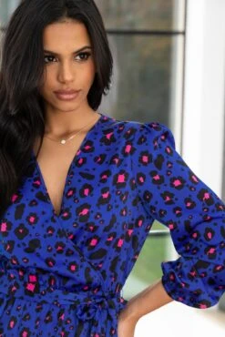 Pour Moi Millie Faux Wrap Woven Satin Dress - Cobalt Leopard -PMoi Clothing Shop 302124 20221208094000