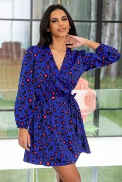 Pour Moi Millie Faux Wrap Woven Satin Dress - Cobalt Leopard -PMoi Clothing Shop 302125 20221208094000