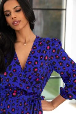 Pour Moi Millie Faux Wrap Woven Satin Dress - Cobalt Leopard -PMoi Clothing Shop 302127 20221208094000