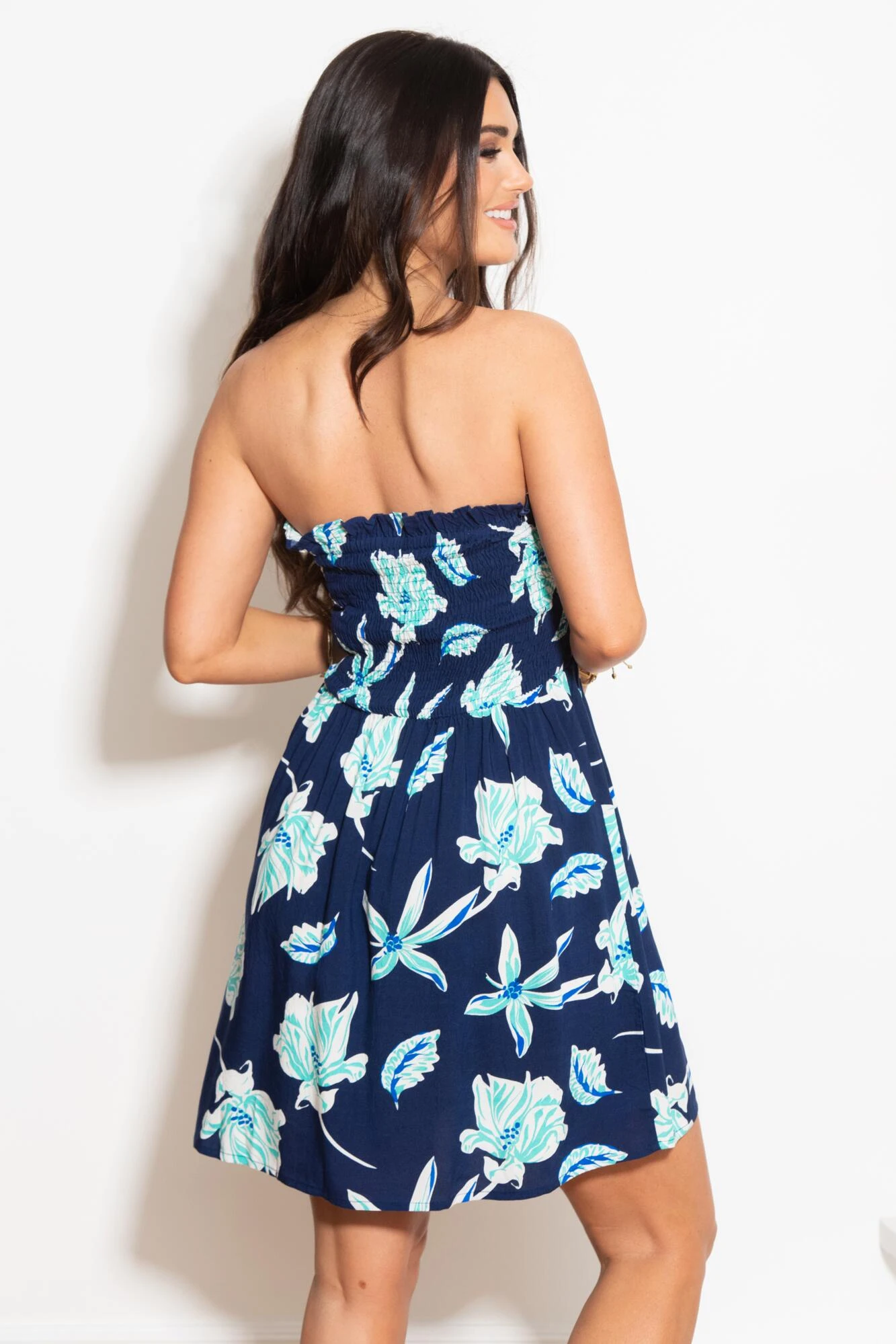 Pour Moi Strapless Shirred Bandeau Short Beach Dress - Navy Tropical 6 Pour Moi Strapless Shirred Bandeau Short Beach Dress - Navy Tropical - Image 4