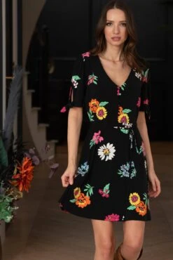 Pour Moi Bella Slinky Stretch Tie Sleeve Tea Dress - Multi Floral -PMoi Clothing Shop 305563 20230105143000