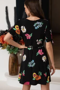 Pour Moi Bella Slinky Stretch Tie Sleeve Tea Dress - Multi Floral -PMoi Clothing Shop 305564 20230105143000