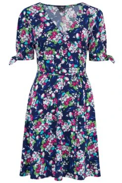 Pour Moi Bella Slinky Stretch Tie Sleeve Tea Dress - Navy Floral -PMoi Clothing Shop 305608 20230209115400