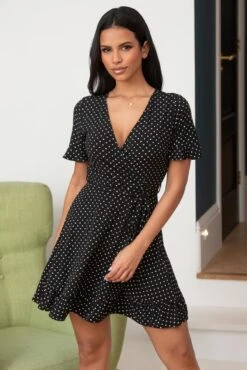 Pour Moi Birdie Frill Detail Slinky Stretch Dress - Black Spot -PMoi Clothing Shop 305629 20230209161100