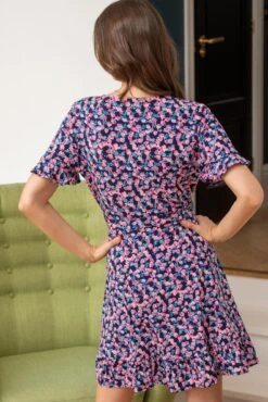 Pour Moi Birdie Frill Detail Slinky Stretch Dress - Navy Floral -PMoi Clothing Shop 305660 20230105155600