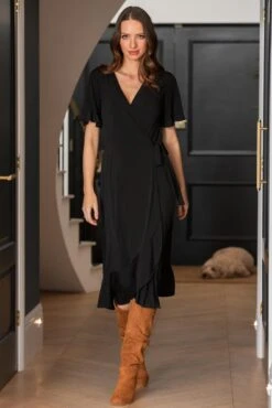 Pour Moi Megan Slinky Jersey Frill Detail Midi Wrap Dress - Black -PMoi Clothing Shop 305677 20230105160500