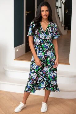Pour Moi Megan Slinky Jersey Frill Detail Midi Wrap Dress - Black Floral -PMoi Clothing Shop 305712 20230105161500
