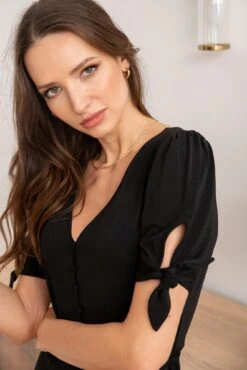 Pour Moi Bella Slinky Stretch Tie Sleeve Tea Dress - Black -PMoi Clothing Shop 306260 20230725162300