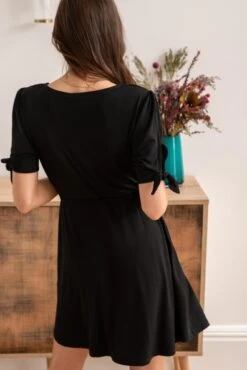 Pour Moi Bella Slinky Stretch Tie Sleeve Tea Dress - Black -PMoi Clothing Shop 306262 20230106163100