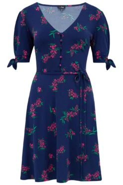 Pour Moi Bella Slinky Stretch Tie Sleeve Tea Dress - Navy/Pink -PMoi Clothing Shop 306270 20230106162800