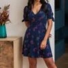 Pour Moi Bella Slinky Stretch Tie Sleeve Tea Dress - Navy/Pink -PMoi Clothing Shop 306271 20230106162800