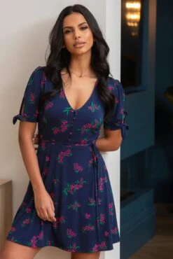 Pour Moi Bella Slinky Stretch Tie Sleeve Tea Dress - Navy/Pink -PMoi Clothing Shop 306273 20230106162800