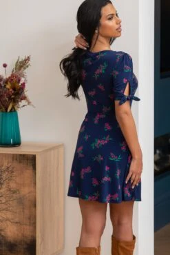 Pour Moi Bella Slinky Stretch Tie Sleeve Tea Dress - Navy/Pink -PMoi Clothing Shop 306274 20230106162800