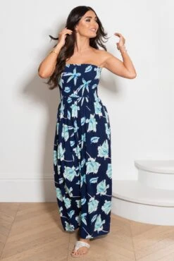 Pour Moi Strapless Shirred Bandeau Maxi Beach Dress - Navy Tropical