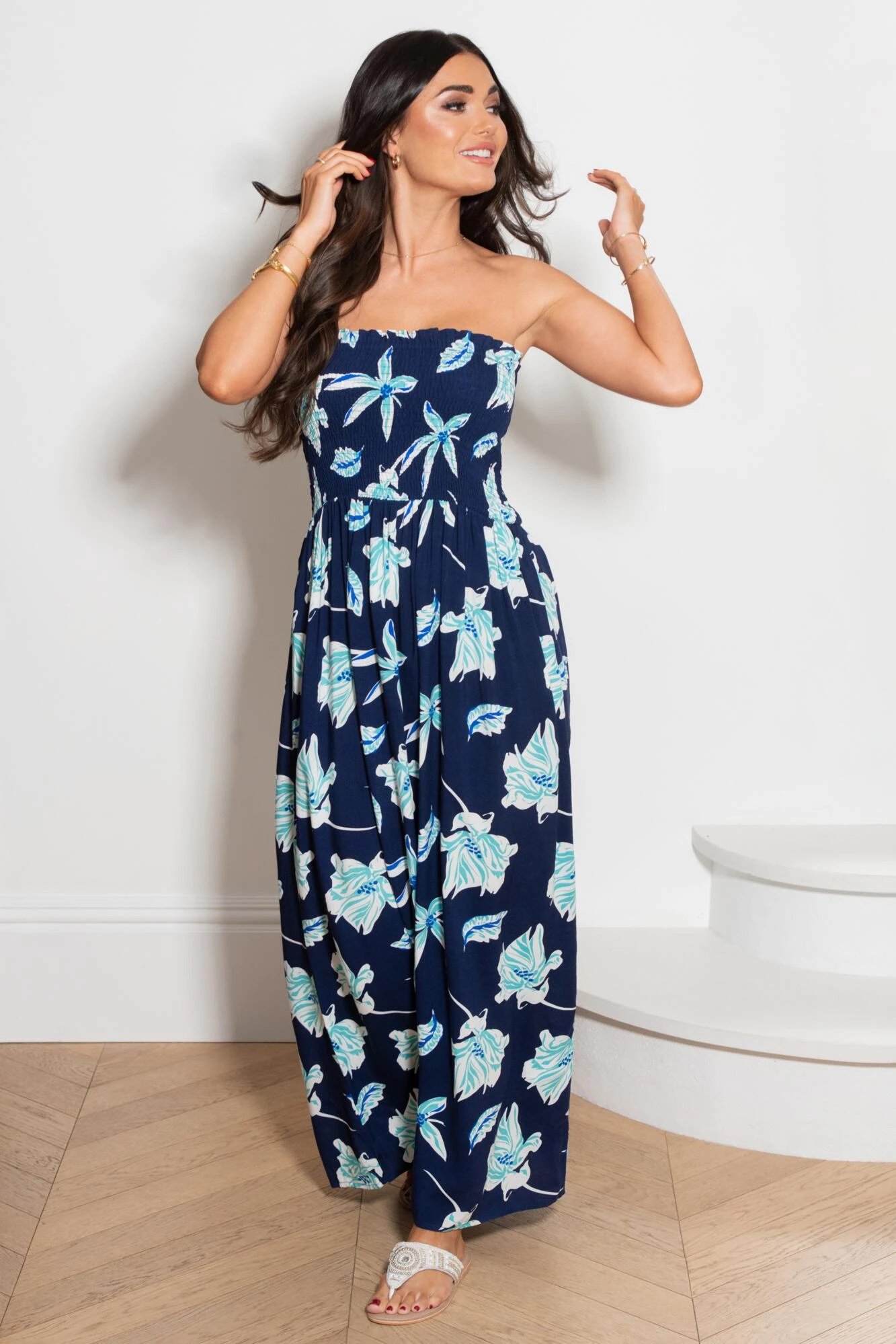 Pour Moi Strapless Shirred Bandeau Maxi Beach Dress - Navy Tropical 3 Pour Moi Strapless Shirred Bandeau Maxi Beach Dress - Navy Tropical