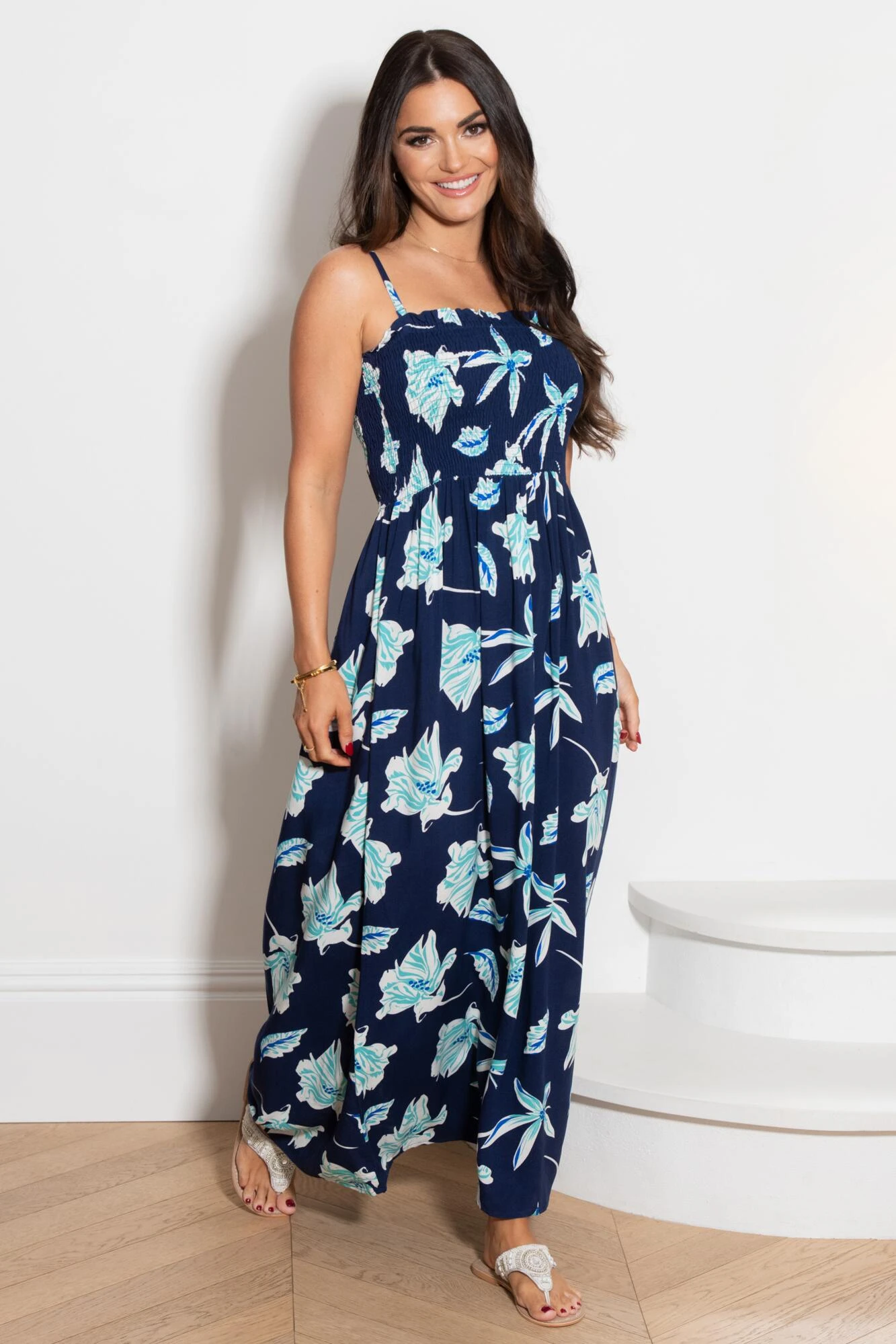 Pour Moi Strapless Shirred Bandeau Maxi Beach Dress - Navy Tropical 5 Pour Moi Strapless Shirred Bandeau Maxi Beach Dress - Navy Tropical - Image 3