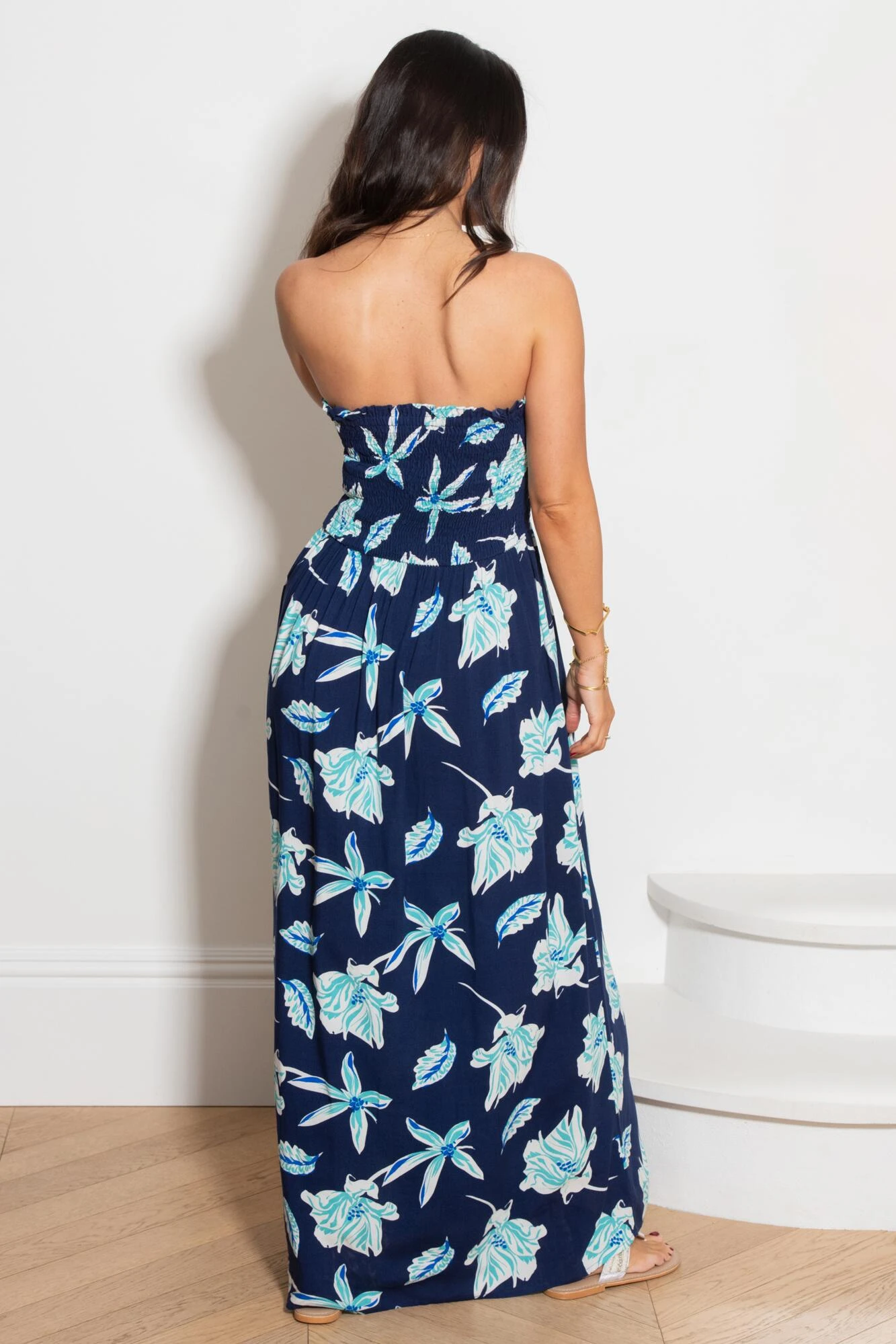 Pour Moi Strapless Shirred Bandeau Maxi Beach Dress - Navy Tropical 6 Pour Moi Strapless Shirred Bandeau Maxi Beach Dress - Navy Tropical - Image 4