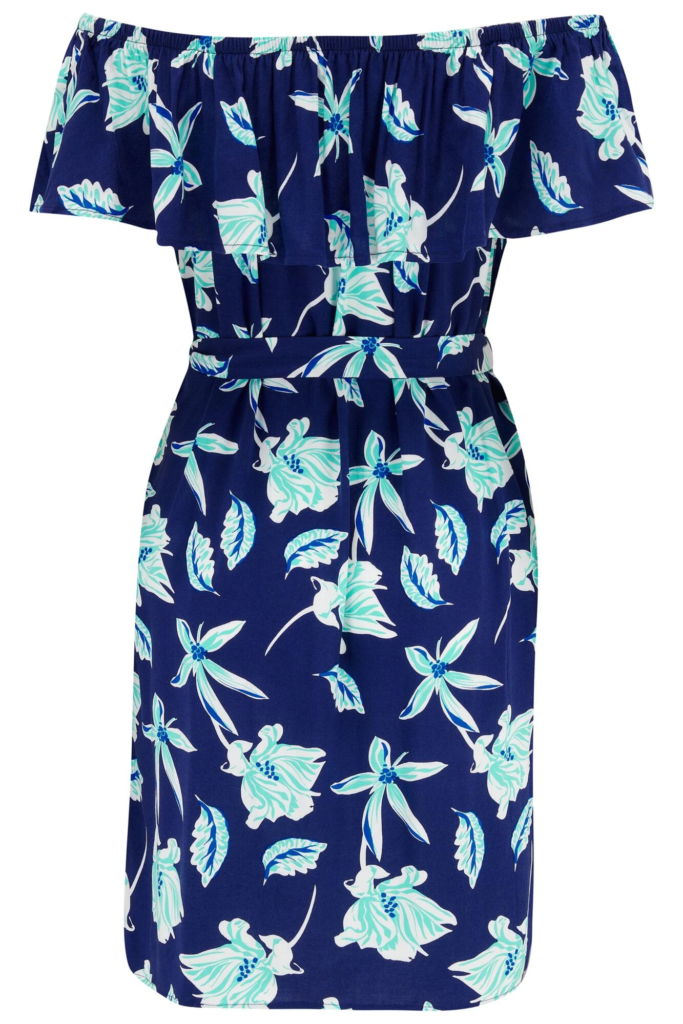 Pour Moi Woven Frill Belted Bardot Beach Dress - Navy Tropical 9 Pour Moi Woven Frill Belted Bardot Beach Dress - Navy Tropical - Image 7