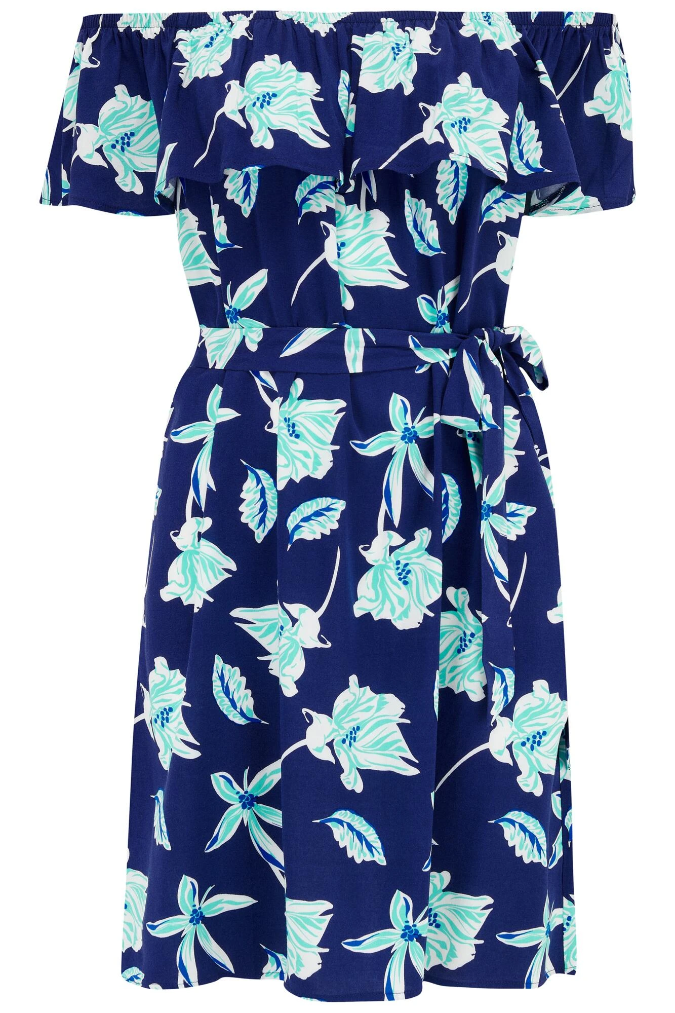 Pour Moi Woven Frill Belted Bardot Beach Dress - Navy Tropical 8 Pour Moi Woven Frill Belted Bardot Beach Dress - Navy Tropical - Image 6