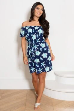 Pour Moi Woven Frill Belted Bardot Beach Dress - Navy Tropical