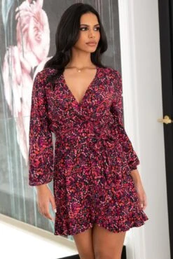 Pour Moi Kelly Woven Viscose Balloon Sleeve Frill Wrap Dress - Red Floral -PMoi Clothing Shop 308157 20230124110300