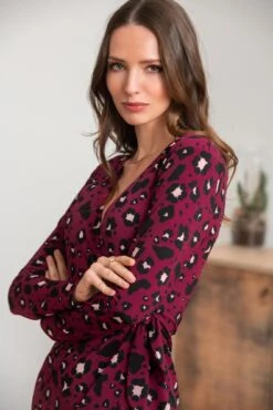 Pour Moi Bryony Slinky Stretch Jersey Wrap Mini Dress - Berry Leopard -PMoi Clothing Shop 308232 20230124125500