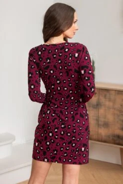 Pour Moi Bryony Slinky Stretch Jersey Wrap Mini Dress - Berry Leopard -PMoi Clothing Shop 308233 20230124125500