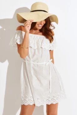 Pour Moi Cotton Broderie Bardot Mini Beach Dress - White -PMoi Clothing Shop 308436 20230818155000