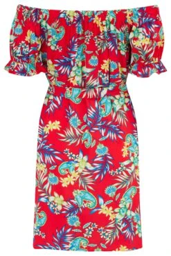 Pour Moi Woven Puff Sleeve Removable Belted Bardot Dress - Red Paisley -PMoi Clothing Shop 309277 20230519152800