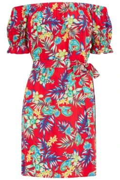 Pour Moi Woven Puff Sleeve Removable Belted Bardot Dress - Red Paisley -PMoi Clothing Shop 309278 20230519152800