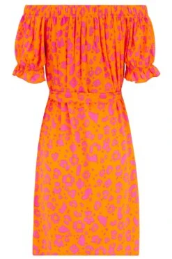 Pour Moi Woven Puff Sleeve Removable Belted Bardot Dress - Orange/Pink -PMoi Clothing Shop 309289 20230517155300