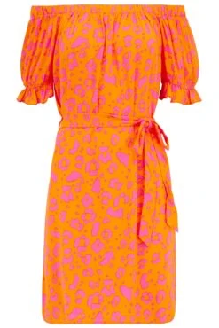 Pour Moi Woven Puff Sleeve Removable Belted Bardot Dress - Orange/Pink -PMoi Clothing Shop 309290 20230517155300