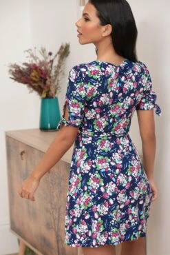 Pour Moi Bella Slinky Stretch Tie Sleeve Tea Dress - Navy Floral -PMoi Clothing Shop 309523 20230209115400