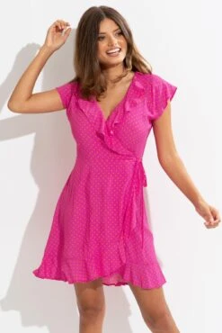 Pour Moi LENZING™ ECOVERO™ Viscose Frill Wrap Beach Dress - Pink/Orange -PMoi Clothing Shop 310104 20230518121500