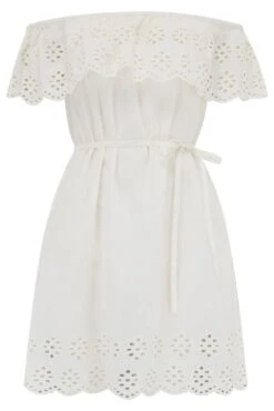 Pour Moi Cotton Broderie Bardot Mini Beach Dress - White -PMoi Clothing Shop 310175 20230818155000