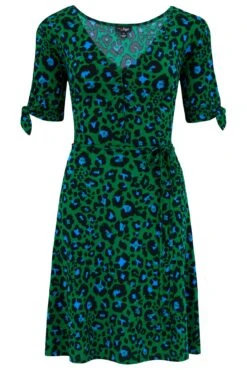 Pour Moi Bella Slinky Stretch Tie Sleeve Tea Dress - Green Leopard -PMoi Clothing Shop 310933 20230608100800
