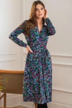 Pour Moi Bailey Slinky Jersey Midi Shirt Dress - Black Ditsy