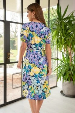 Pour Moi Margot Woven Satin Midi Tea Dress - Blue Floral -PMoi Clothing Shop 311190 20230223152900